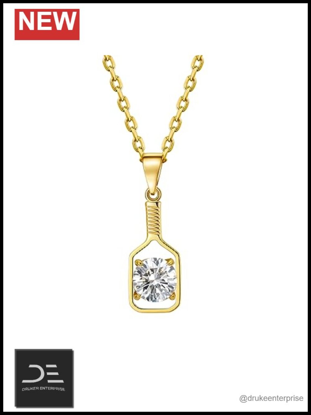 Sterling Silver Gold Plated Pickleball Pendant Necklace with Cubic Zirconia